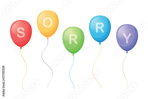 Collection of multi-colored balloons with letters  the inscription Sorry. Set of vector isolated cartoon illustrations.