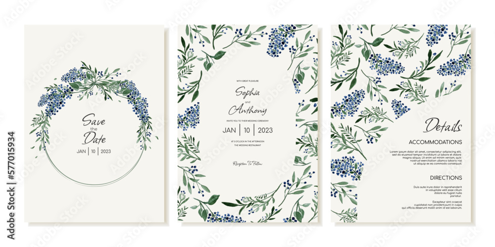 Set of rustic wedding invitation templates with wildflowers. Invitation cards, details in watercolor vintage style.