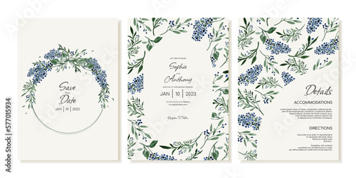 Set of rustic wedding invitation templates with wildflowers. Invitation cards, details in watercolor vintage style.
