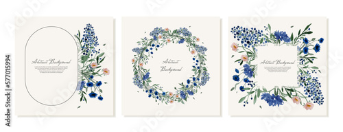 Square banners  social media posts with space for text with a wreath of wildflowers in rustic style. Vector templates