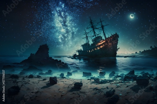 shipwreck in ocean night created using AI Generative Technology