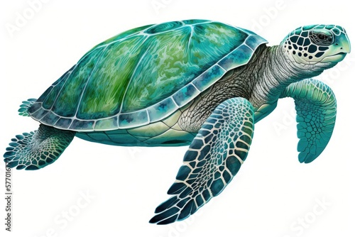 Illustration of a single green sea turtle on a white backdrop. Generative AI