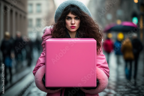 The girl holds in her hands a pink box for women's hygiene. Social project in Poland. generative AI tools