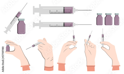 doctor hand wear glove holding syringe with needle shot for injection, vial of medicine with syringe and ampoule with vaccine or medicine. Doctor hands making an injection. Vaccination flu. Vector