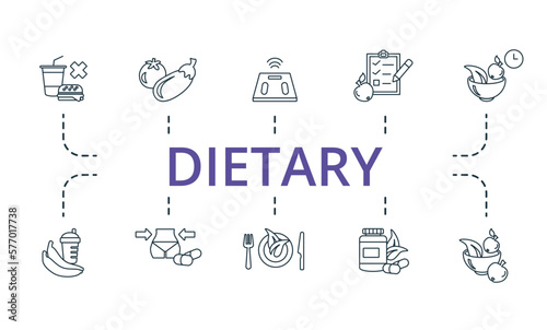 Dietary set icon. Editable icons dietary theme such as smart scales, vegetables, weight loss pills and more.