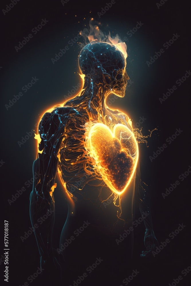 A human body with a glowing heart in the middle of it's torso and back ...