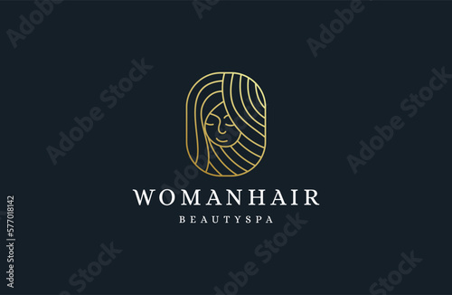 beauty gold woman hair logo template line art icon . luxury design .