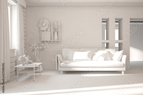 White living room concept with sofa. 3D illustration