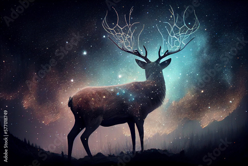 Print op canvas Silhouette of a deer from the fog and stars in the night sky