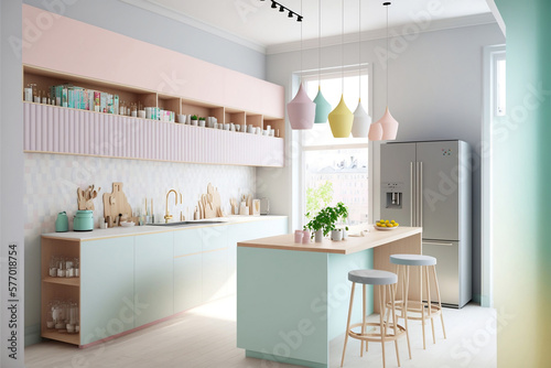 Elegant and Modern Pastel Color Kitchen: A Fresh and Inviting Ambience. Generative AI