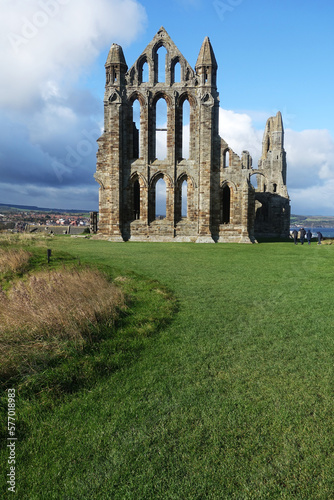 The ruins of Whitby Abbey  high on the clifftop above the town