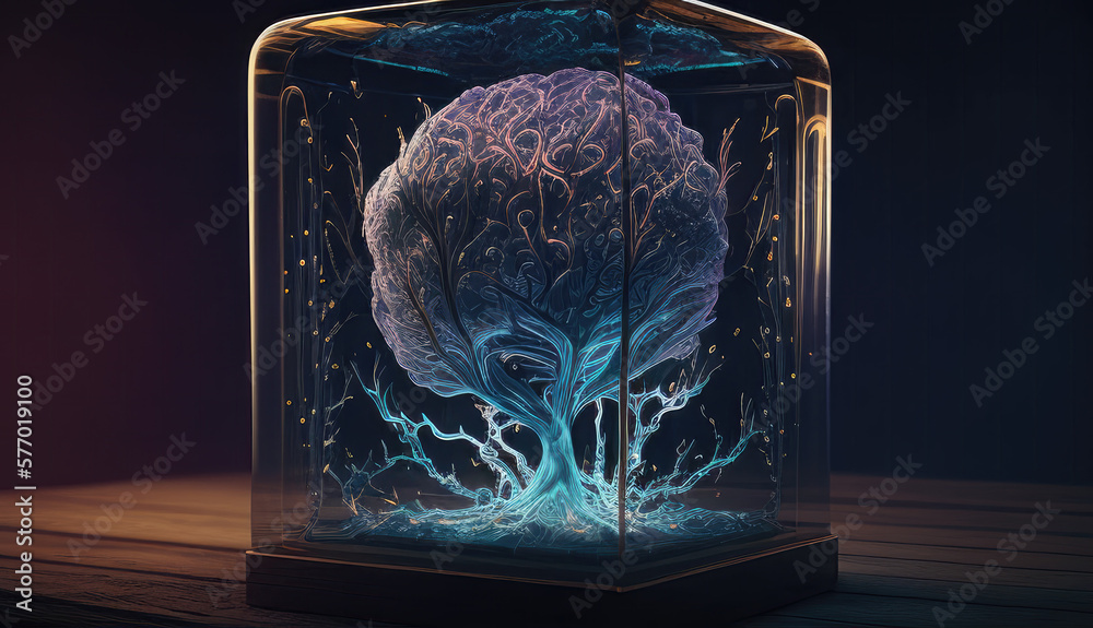 spread of digital brain connections in glass box. Artificial ...