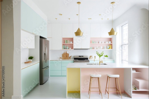 Charming Pastel Color Kitchen  A Delightful and Cheerful Space. Generative AI