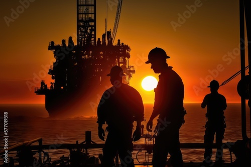 Oil workers in silhouette working, made with generative ai