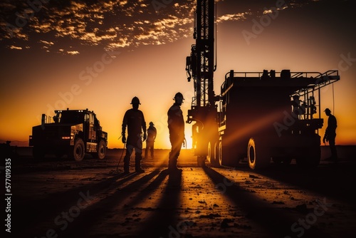 Oil workers in silhouette working, made with generative ai photo