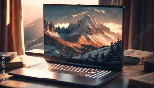 A laptop computer sitting on top of a wooden desk next to a window with a mountain scene on it ue 5 a computer rendering purism photo