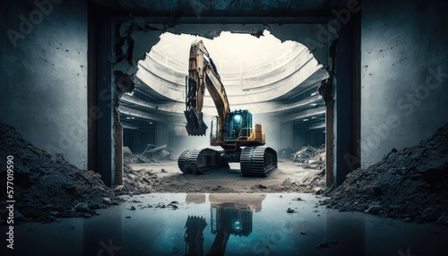 A large construction vehicle is in a tunnel with a reflection of it in the water highly detailed digital painting a digital rendering deconstructivism photo