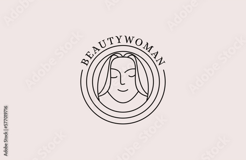 Beauty logo with woman inside stylish circle line art icon .
