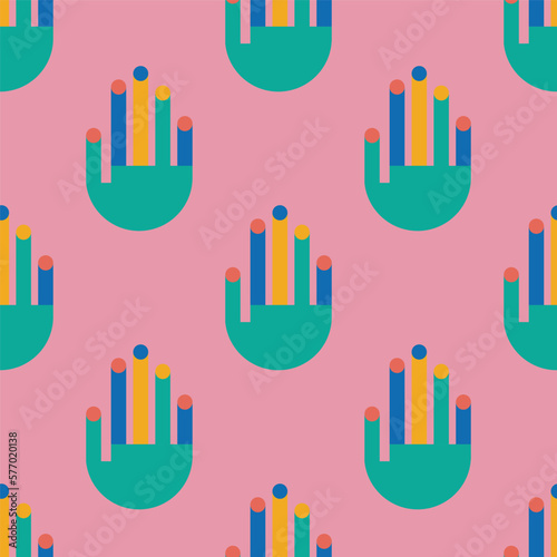 Abstract colorful Hands. Geometric minimal design. Modern colored Vector illustration.  Square seamless Pattern. Background, wallpaper