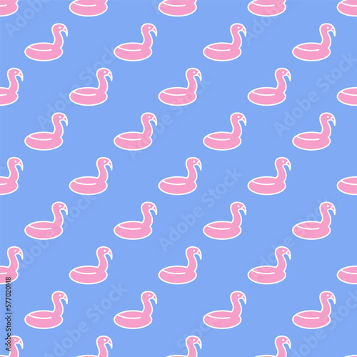 Rubber pink Flamingo. Pool, beach summer toy. Minimalistic icon. Colorful graphic Vector seamless pattern. Cartoon style, simple flat design. Trendy illustration. Blue background. Square wallpaper
