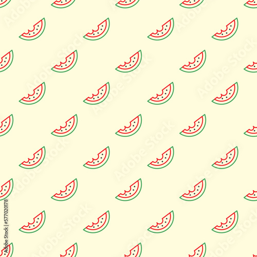 Juicy watermelon. Tasty berry slice. Cut in half. Minimalistic icon. Colorful graphic vector seamless pattern. Cartoon style, simple flat design. Trendy illustration. Equal interval