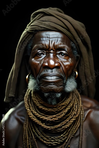 Portrait, african elderly old man of a tribe. Warrior, Tribal. Looking camera. Generative AI. 