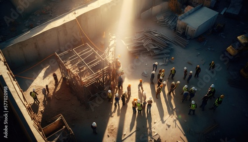 A group of people standing around a construction site with a beam of light shining on them volumetric lighting a tilt shift photo constructivism