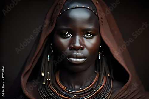 Portrait, african woman of a tribe. Warrior, Tribal. Looking camera. Generative AI. 