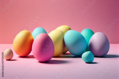 Colorful easter eggs, pink pastel background. Created with Generative AI technology