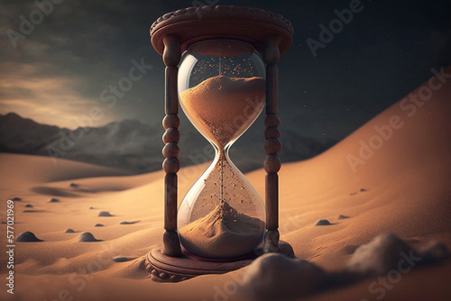 Hourglass. Pass of the time. Ephemerality. Course of life Inevitability. Longevity. timelessness. Conceptual image of time. Natural cycle of life. Fluency. Past, present and future. Generative ai.