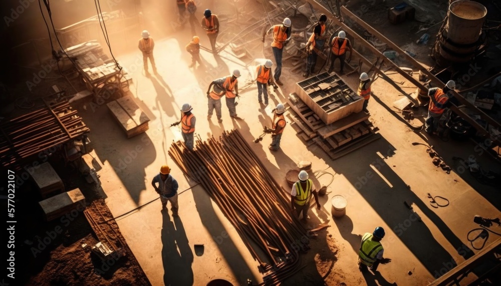 A group of construction workers standing around a building site with a lot of wood on the ground solarpunk a stock photo assemblage - obrazy, fototapety, plakaty 
