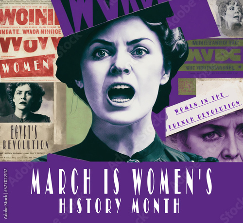 Women's History Month | A mixed-media collage that combines vintage photographs of famous suffragettes with modern feminist slogans and graphics, creating a dynamic and thought-provoking piece. Ai