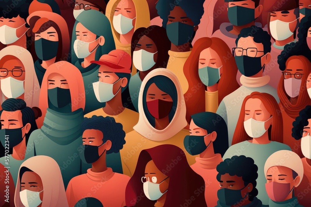 A crowd of people wearing masks and covering their faces with their ...
