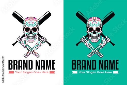 mexican face skull day of the dead with baseball stick illustration logo design