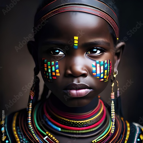 Portrait, african kid baby boy of a tribe. Warrior, Tribal. Looking camera. Generative AI. 
