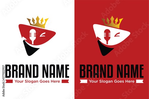 Podcast Channel or Radio Microphone and Play button with crown illustration Logo design