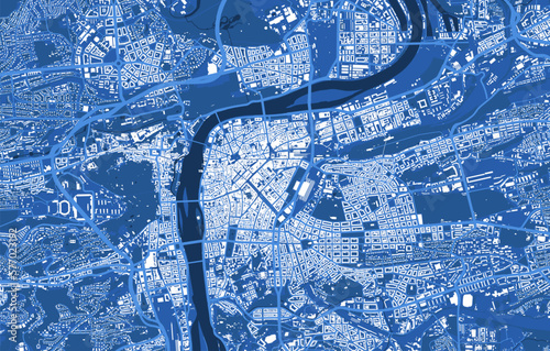 Detailed blue vector map poster of Prague city, linear print map. Skyline urban panorama. Decorative graphic tourist map of Prague territory.