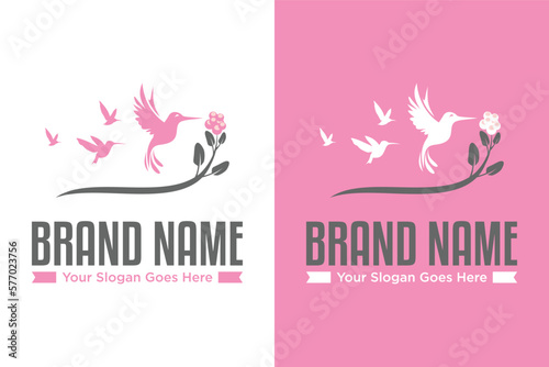 modern simple hummingbird bird flower leaf cherry illustration logo design