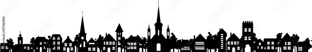 Old historic town silhouette skyline. Vector abstact flat row of houses, churches, buildings with trees, parks and gardens heigbourhood. Rural countryside architecture.