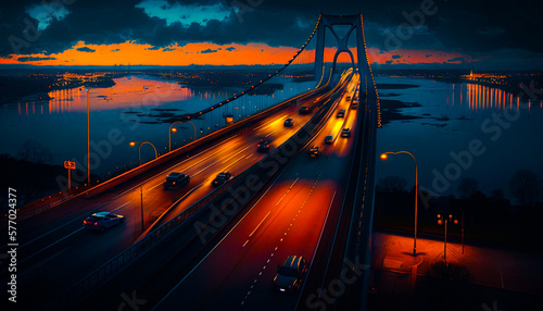 Fotografia Painting of bridge at night with cars on it. Generative AI.