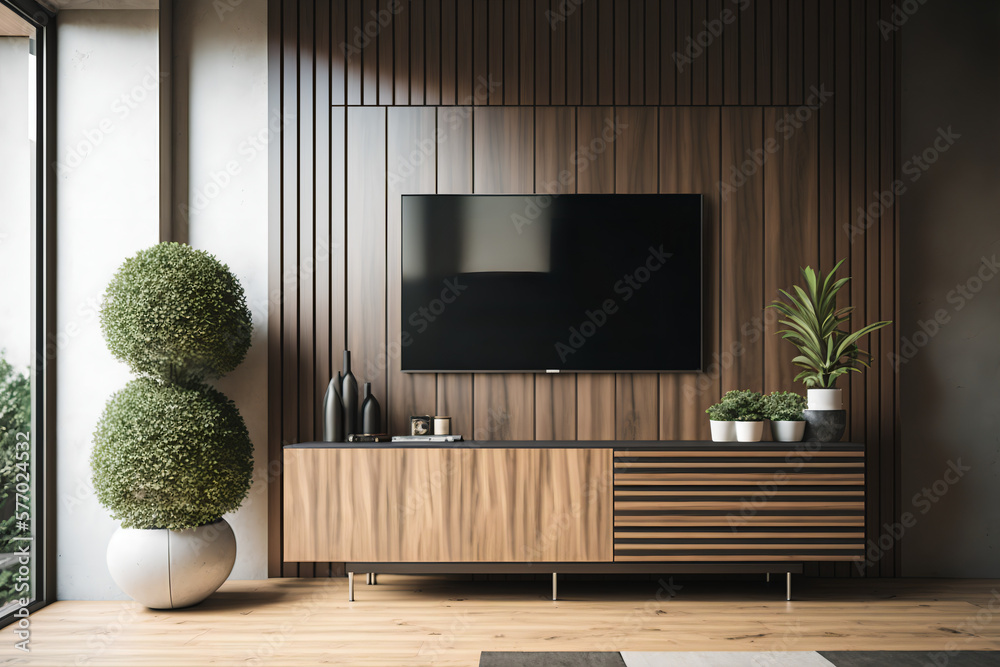 modern living room with a sleek TV and cabinet set against a wooden ...