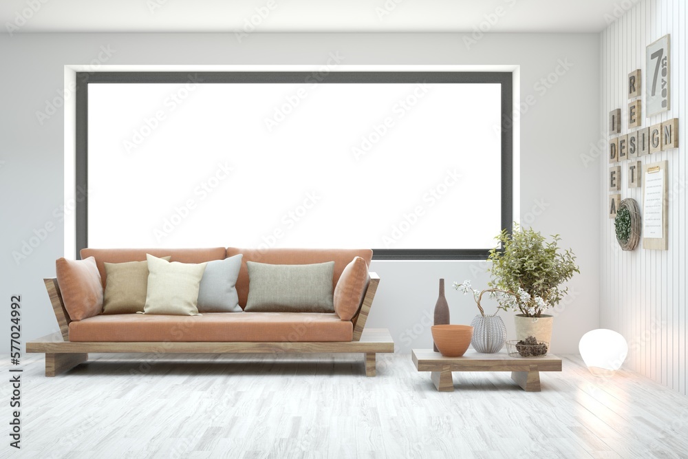 Fototapeta premium White living room with sofa. Scandinavian interior design. 3D illustration