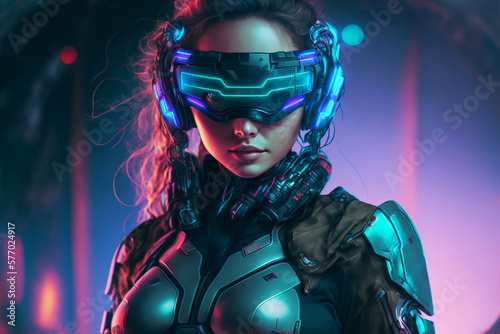 Metaverse digital cyber world technology, metaverse gameFi NFT game ideas,  Women with virtual reality VR goggle playing AR augmented reality game and entertainment, futuristic 