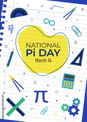 National Pi Day Vertical Poster Vector Illustration. March 14 Awareness Celebration. Mathematical constant number used in formulae. Website header, promotion, banner, advertisement graphic resource