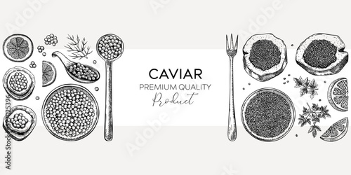 Seafood background design with red caviar canape, canned black caviar, lemons and spices in sketched style. Sea delicacy illustrations set for restaurant or finger food menu