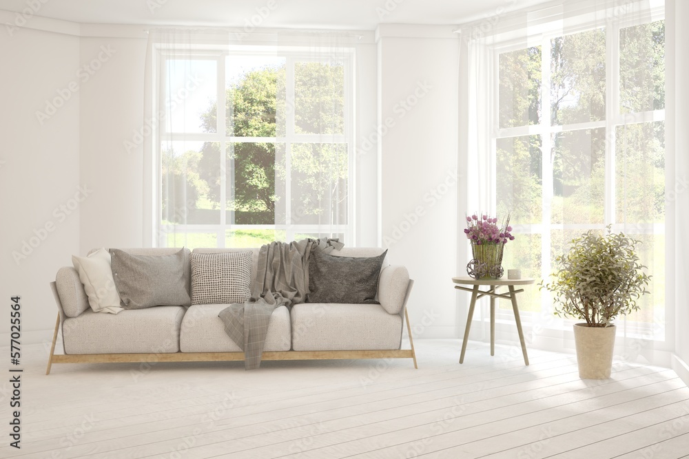 White living room with sofa and summer landscape in window. Scandinavian interior design. 3D illustration White living room with sofa and summer landscape in window. Scandinavian interior design. 3D illustration