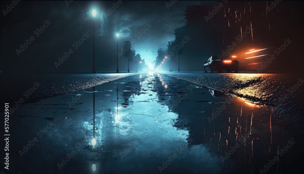 A car driving down a wet road at night with its headlights on and a ...