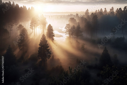 Misty sunrise at fir forest in fog. Foggy trees in morning light. Wallpaper created with Generative AI