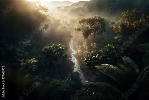 Misty rainforest in fog during sunrise. Foggy trees and a river in morning light. Wallpaper created with Generative AI © Zenturio Designs