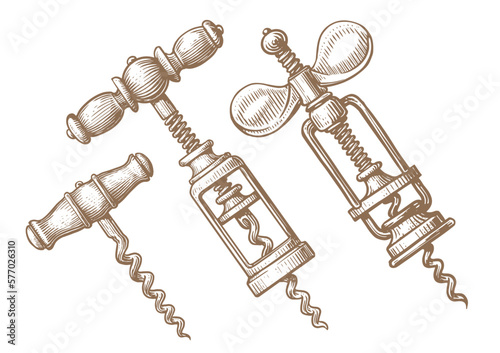 Hand drawn corkscrew in engraving style. Vintage style. Sketch vector illustration photo